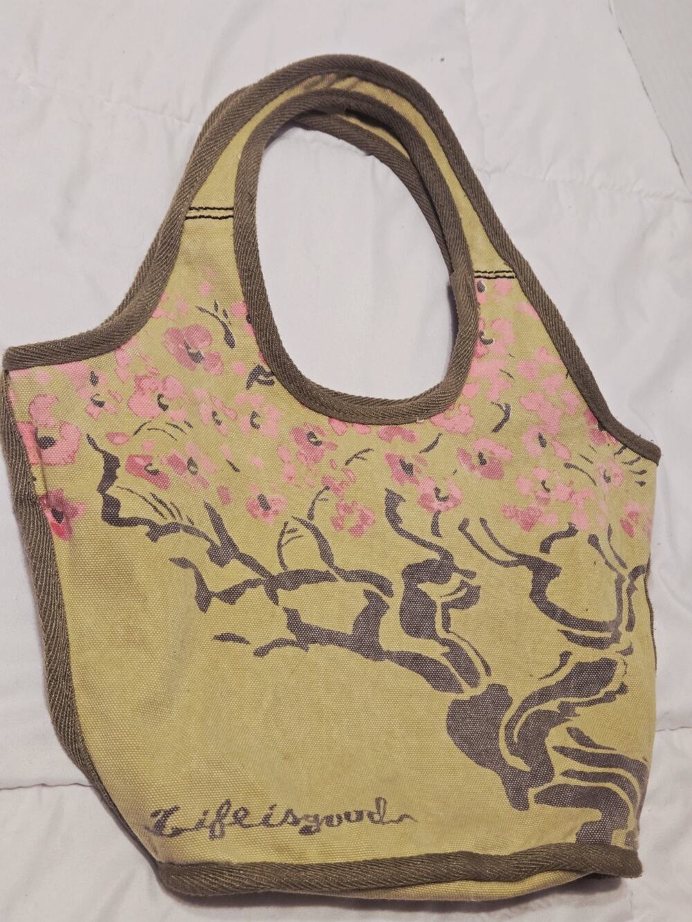 Life is Good KARMA Canvas Sage Bonsai Tree Tote Boho 100% Organic Cotton Indie